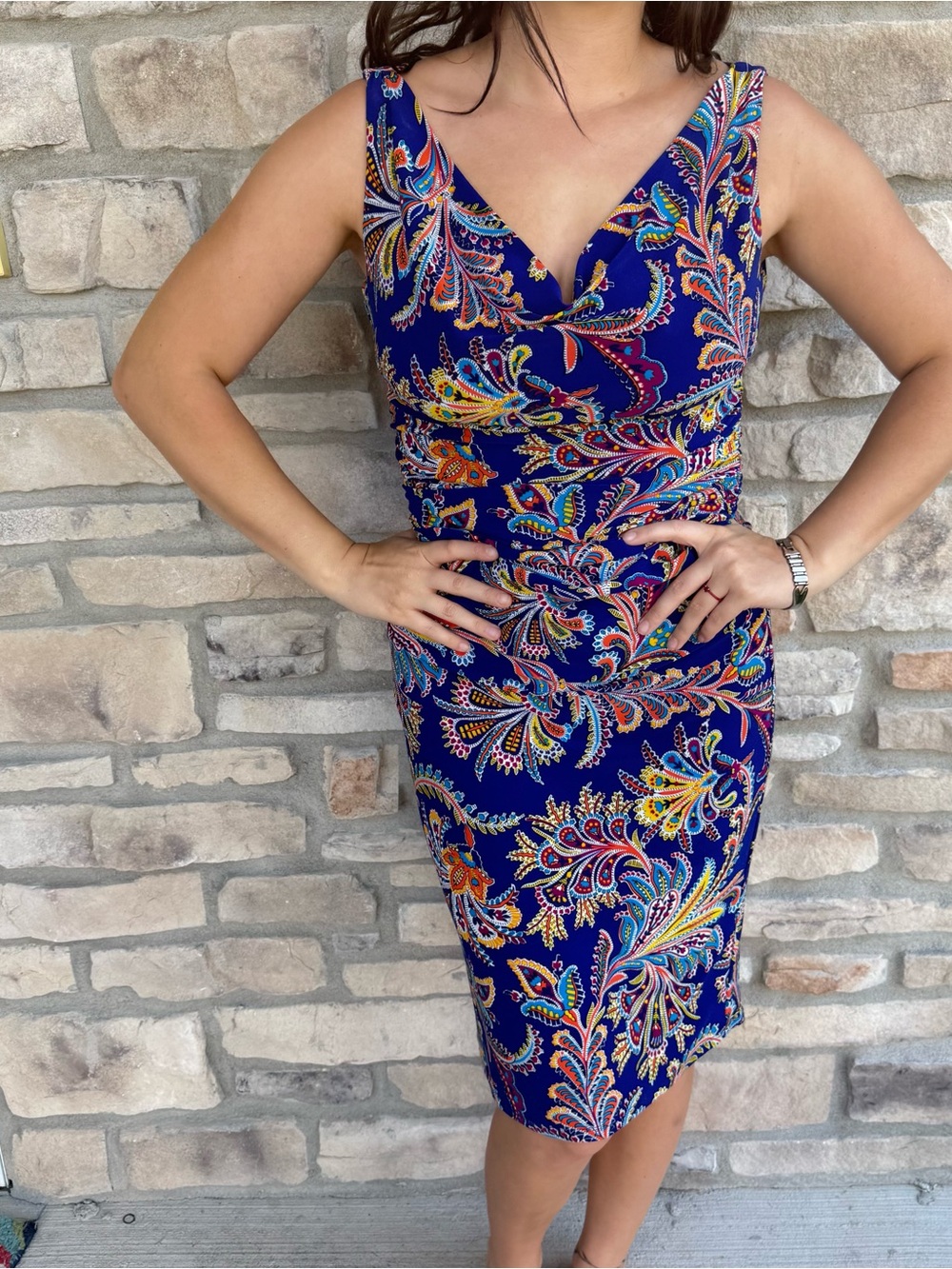 Lauren Ralph Lauren Navy Paisley V-Neck Midi Dress
